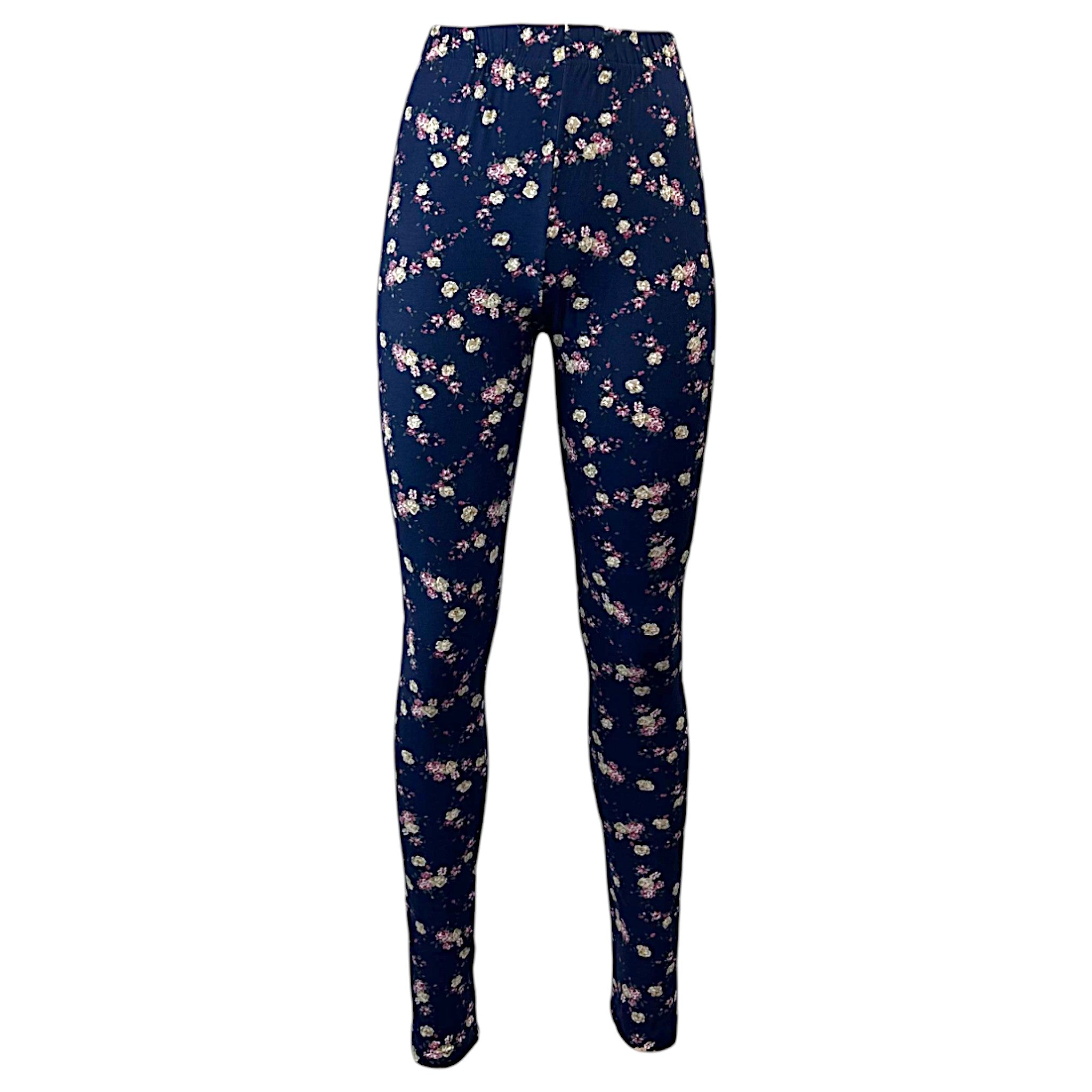 Women's full-length navy leggings with delicate pink floral print, soft stretch fabric, casual everyday wear.